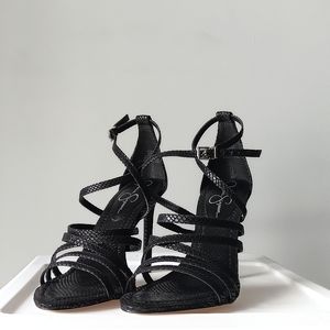 New Jessica Simpson Zelta Strappy 4" Sandal Black Faux Snakeskin Ankle Strap 9M